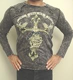 Tattoo Art Metal Studded Dagger Cross Skulls Crown Long Sleeve Tattoo Shirt Black Charcoal Rocker Shirt