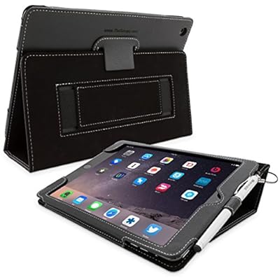 Snugg社製 レザーケース 伸縮性ハンドストラップ、スタイラスループ付きフリップスタンドカバー (iPad Air 2, ブラック)