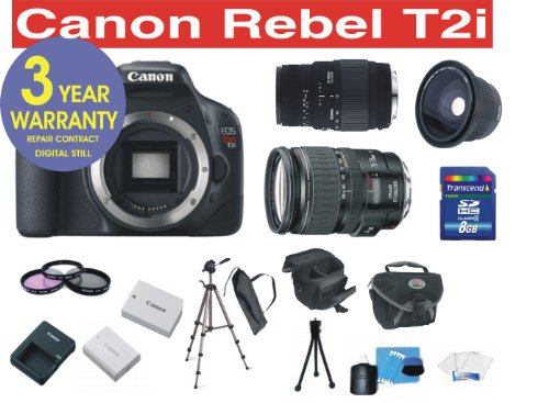 Canon EOS Rebel T2i EF-S 18 MP Digital Camera with Canon EF 18-135mm f/3.5-5.6 IS Standard Zoom Lens + Sigma 70-300MM Macro Zoom Lens + High Definition .42X Super Wide Fisheye Lens + High Capacity Li-Ion Battery + 8 GB Memory Card + 50" Titanium Anodized Tripod + 6 Piece Accessory Kit + Deluxe Padded Camera Bag + Multi-Coated Glass UV Filter + Multi-Coated Glass Polarizer Filter + Multi-Coated Glass FLD Filter + 3 Year CELLTIME Extended Warranty