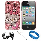 Hello Kitty Pink Diamond Heart Rhinestone Case for Newest Apple iPhone 4S Latest Generation and iPhone 4 (4th Generation) + Laser Stylus Pen + Universal Headrest Tablet Mount + SumacLife TM Wisdom*Courage Wristband