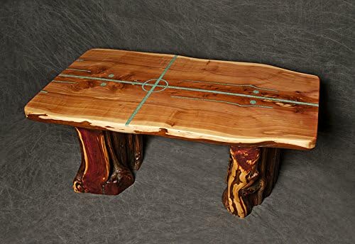 Cedar Slab Table with Natural Living Edges and Four Directions Turquoise Inlay