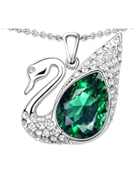 Candygem 925 Sterling Silver .75inch Love Swan Pendant with Simulated Emerald. Free 18 Inch Silver Chain, Free Gift Box.