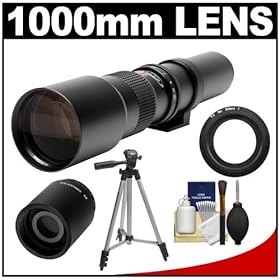 Rokinon 500mm f/8 Telephoto Lens (T Mount) with 2x Teleconverter (=1000mm) + Tripod + Accessory Kit for Nikon 1 J1, J2 & V1 Digital Cameras