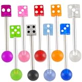 14g 14 gauge 1.6mm - 11 16 inches 18mm long - surgical steel tongue bars bar ear tounge nipple barbell rings balls with dice acrylic color lot AIGM- Pierced Body Piercing Jewelry- Set of 9