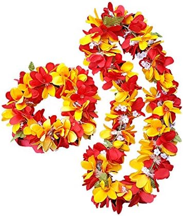 Silk Plumeria Lei Plumeria Haku - Hawaiian Lei Hawaiian Haku - Hawaiian Wedding Lei Hawaiian Party Lei Hawaiian Costume Lei - Graduation Lei - Flower Lei Haku Set - 2 Items (Sunset Red)