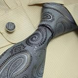 S3006 NEW Designer Hand Made Grey Paisleys Pattern Neck Tie Cufflinks Grey Brown Ties for Men Jacquard Woven Pure Silk Mens Neck Tie and Cuff Links Gift Set