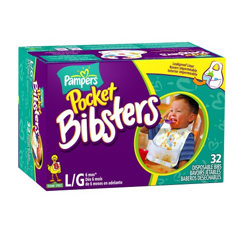 Pampers Pocket Bibsters, Sesame Street, Large, 32-Count Box (Pack of 4) (128 Disposable Bibs)