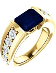 14K Yellow Gold 9.00x7.00mm Emerald Cut Chatham Created Sapphire and Diamond Ring -- LIFETIME WARRANTY