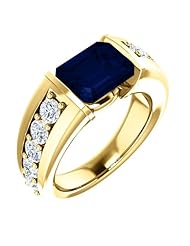 10K Yellow Gold 9.00x7.00mm Emerald Cut Chatham Created Sapphire and Diamond Ring -- LIFETIME WARRANTY