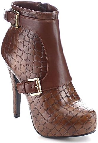 I HEART COLLECTION VANESSA-15 Women's Platform Stiletto Heel Crocs Skin Booties, Color:CAMEL, Size:10