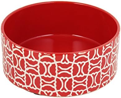 Ceramic Embossed Bone Geo Pet Bowl with Non-Slip Pads(7 Inch, Red)