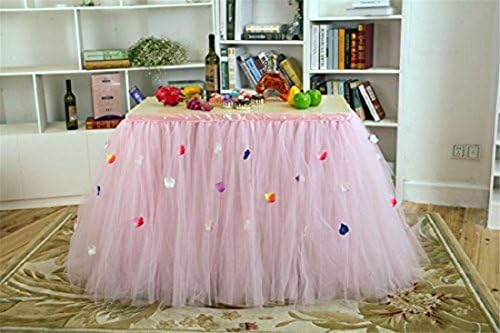 Stuffwholesale Pink Tulle Table Skirt with Flower Petals/ Pearls for Baby Shower Birthday Party Wedding Prom Handmade Tutu Table Decoration