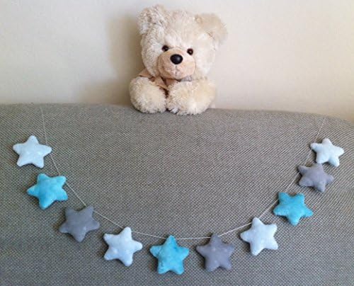 Nursery garland Stars blue gray turquoise Soft plush fluffy boys room bedroom Decor nursery Baby Shower bunting decoration Felt star birthday Decor Space Theme