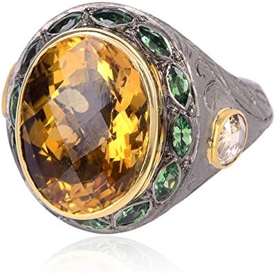 14kt Yellow Gold Diamond Pave Tsavorite & Citrine Men's Ring Silver Party Jewelry