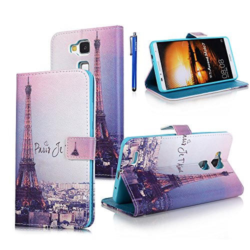 HuaWei Mate7 Case,Mate 7 Case, Acsend Mate 7 Leather Case,Vfunn Fashionable Flip Leather Wallet Case Cover Pouch for Huawei Ascend MATE 7 with 1 Stylus Pen Stand Function Credit Card Slot (Paris)