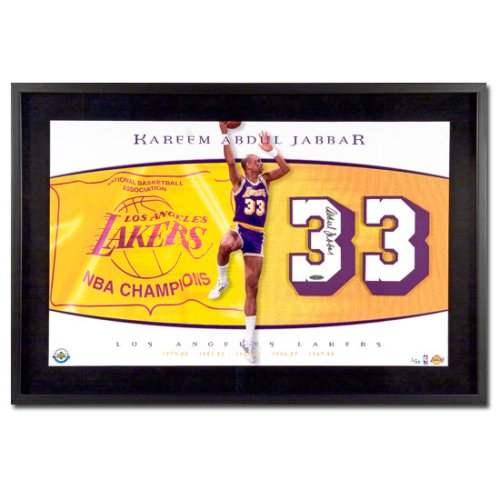 Kareem Abdul-Jabbar Autographed Los Angeles Lakers -Championships- Jersey Numbers Piece - Framed (UDA)