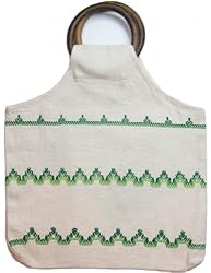 Handmade Organic Fabric Tote - Hand Cross Stitches Embellishment and Wooden Handle