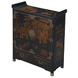 Handmade Oriental Furniture - 42" Antique Style Black Leather Pagoda Style Storage Cabinet