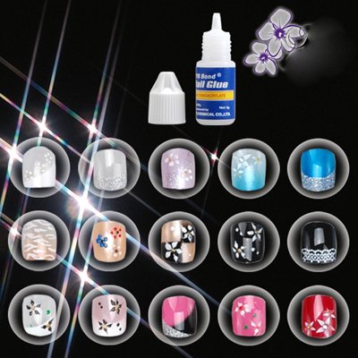 15 Style 180pcs Pre Design False Nail Toe Tips + 1pcs 3g Nail Glue for Fake Toenail Nail