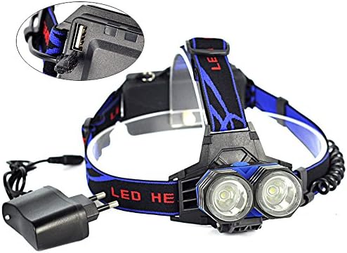 WannaBi 5000 Lumens Dual T6 Beam Led Headlamp Flashlight, 4 Modes Strobe SOS Light Headlight Torch, USB Rechargeable Power Bank Head Lamp for Hiking Camping Climbing Cycling Fishing + Charger
