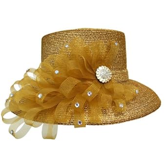 Metallic Gold Fancy Church Hat With Bow & Rhinestone Detail
