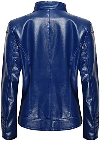Kikeoo Women's Plus Size Zip-up Casual Stand Collar Faux Leather Jacket Blue