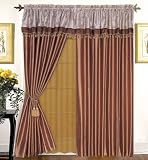 Anthonia Coffee Brown & Cream Satin Embroidery Panel with Taffeta Backing Window Curtain / Drape Set with Valance