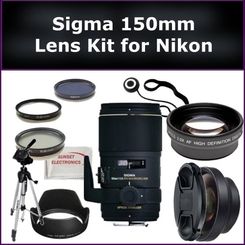 Sigma 150mm f/2.8 EX DG OS HSM APO Macro Lens Kit for Nikon D3000, D3100, D5000, D5100 Digital SLR Cameras. Package Includes: Sigma 150mm Lens, UV Filter, Lens Cap Keeper, Lens Cleaning Pen, 57'' Tripod, LCD Screen Protectors, and Cleaning Kit with SSE Microfiber Cleaning Cloth