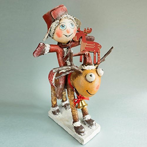 LITTLE SANTA, OOAK Handmade Art Doll, A Young Boy In A Red Hat On Reindeer, Papier Mache Sculpture, Unique Original 3D Artwork