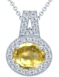 18K White Gold Oval Cut Yellow Sapphire And Round Diamond Pendant