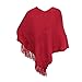 Waffle Knit Asymmetrical Poncho Wrap Shawl w/ Fringe in Beige, Cranberry & Black