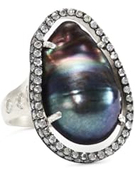 Jordan Alexander "Slice" Silver and Exterior Navy Pearl Slice and Two Rows of Diamond Ring, Size 7