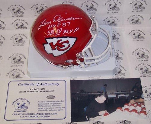 Len Dawson Autographed/Hand Signed Kansas City Chiefs Mini Helmet with HOF & MVP Inscription