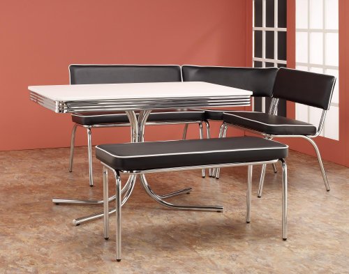 Retro Chrome Retro Dining Set with Rectangular Table, Corner Bench and Floating Bench (Black)