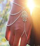 Meily(TM) Fashion New Silver Hamsa Fatima Bracelet Finger Ring Bangle Slave Chain thumbnail