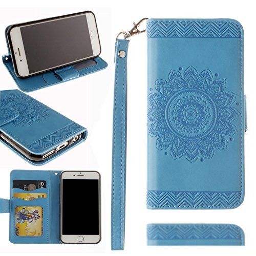 Cyber Monday Clearance Sale 2016-Valentoria Mandragora Flower Premium Vintage Emboss Leather Wallet Pouch Case with Wrist Strap for iPhone 6/6s(Turquoise)