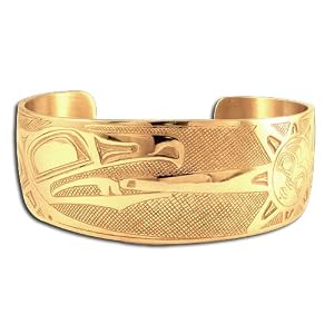 14K Yellow Gold Northwest Coast Native American Raven Sun Bracelet. Made in USA.