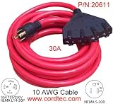 Cordtec 25FT 30A 4 Prong Twist Lock Plug Generator Extension cordset to four usa outlets(15/20A) 20611