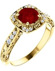 14K Yellow Gold 6.00mm Round Cut Chatham Created Ruby and Diamond Ring -- LIFETIME WARRANTY