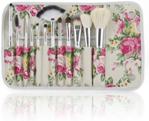 Fashion Century Lady - Professional 12 Pcs Makeup Brush Cosmetics Goat Hair Brushes Set Kits with Rose Pattern Case