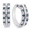 1.50 Carat White and Treated Blue Diamond Silver Hoop Earrings