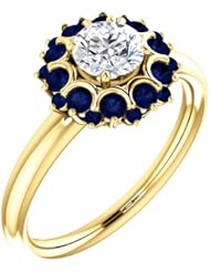 14K Yellow Gold Round Cut Diamond and Sapphire Flower Inspired Ring -- LIFETIME WARRANTY