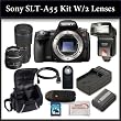 Sony SLT-A55 Digital Camera Kit Includes: Sony SLT-A55 Camera, Tamron 70-200mm f/2.8 Di LD (IF) Macro AF Lens, Sony SAL-1855 18-55mm f/3.5-5.6 DT AF Zoom Lens, Bower SFD328 Digital Slave Flash, Extended Life Battery, Rapid Travel Charger, HDMI Cable, 16GB SDHC Memory Card, Memory Card Reader, Wireless Remote, Soft Carrying Case and SSE Microfiber Cleaning Cloth.