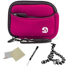 MAGENTA WITH BLACK TRIM Neoprene Protective Durable Mini Glove Pouch For Kodak EasyShare M530 / M590 / M5370 Compact Point and Shoot Digital Photo Camera + Includes a Universal Anti-Glare Screen Protector Guard + Includes 6 Inch Mini Tripod + Includes an eBigValue TM Determination Hand Strap