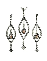 Sterling Silver Marcasite Open Rhombus with Champagne Cubic Zirconia Stone Teardrop Dangle Earrings Pendant Set 16 inches chain