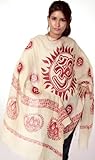 Beige Sanatana Dharma Prayer Shawl with Large Printed Om - Pure Silk Wool