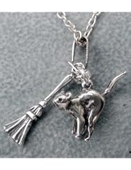 An Adorable Little Cat and a Broom Necklace in Sterling Silver