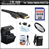 16GB Accessories Kit For Sony Alpha NEX-C3 NEX-7 NEX-5N Digital Camera Includes 16GB High Speed SD Memory Card + Ac/Dc Charger For NP- FW50 Battery + Deluxe Case + MIni HDMI Cable + 49mm UV Filter + Screen Protectors + More