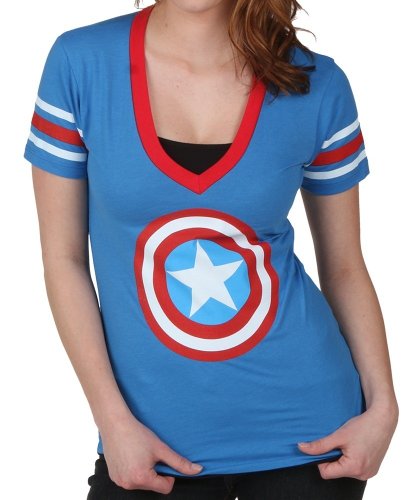 Captain America Logo Marvel Comics Mighty Fine Juniors Babydoll V-Neck T-Shirt Tee Select Shirt Size: X-Large