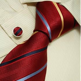 A1025 NEW Designer Red Stripes Neck Tie Cufflinks with Presentation Box Gold Ties for Men Jacquard...